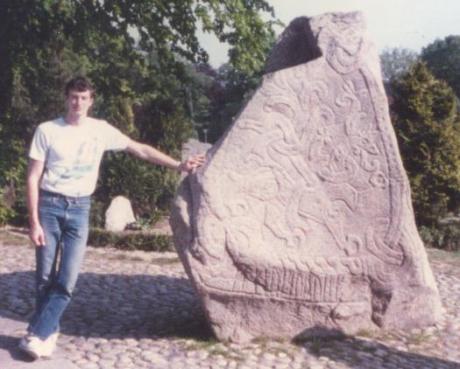 With a runic stone in Jelling, Denmark, May 1988