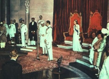 The formal transfer of power from British to Indian rule in India. 
