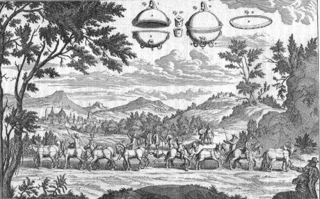 Illustrations from the early scientific revolution bear the stamp of an earlier and other civilization, as in this image, in which as much time has been spent on the trees and the clouds as the scientific experiment itself. 